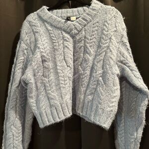 H&M Divided V-Neck Cable Knit Sweater - Light Blue